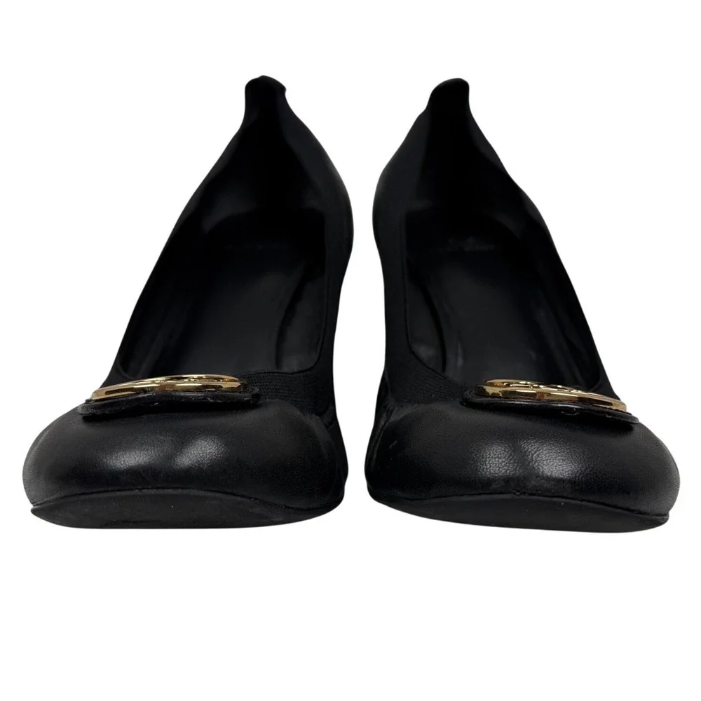 TORY BURCH Black Leather Caroline Wedge Pumps, Size 10
